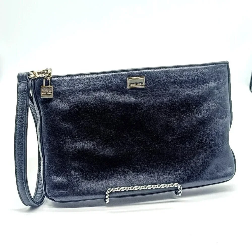 Vintage Perlina Black Leather Mini Clutch Bag